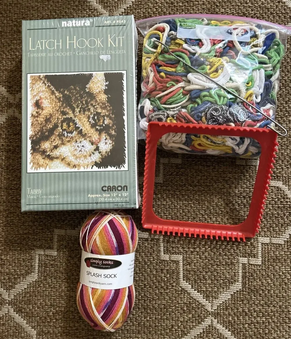 Lot Of Craft Supplies, Incudes Potholder Loom, Loops, Latch Hook Kit, Sock Yarn